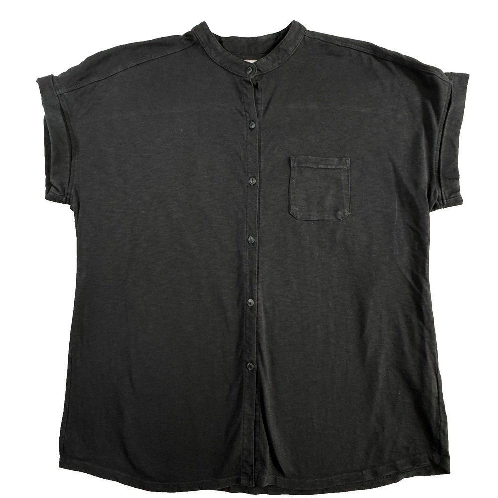 American Giant Slub Cotton Button Down Shirt Women XL Black Mandarin Collar